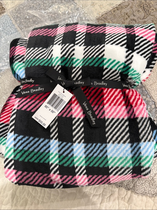 Vera Bradley Other - Vera Bradley Black Plaid Fleece Throw with Pink, Green & Blue Accents NWT